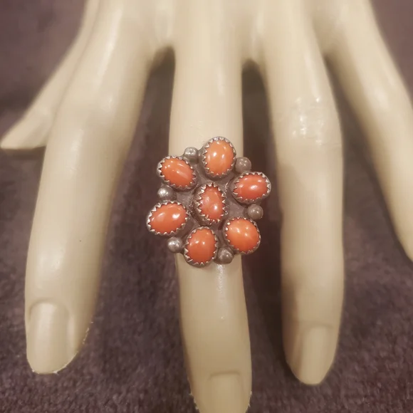 Native American Coral Ring Sterling Silver Size 6 Vintage - Picture 4 of 6